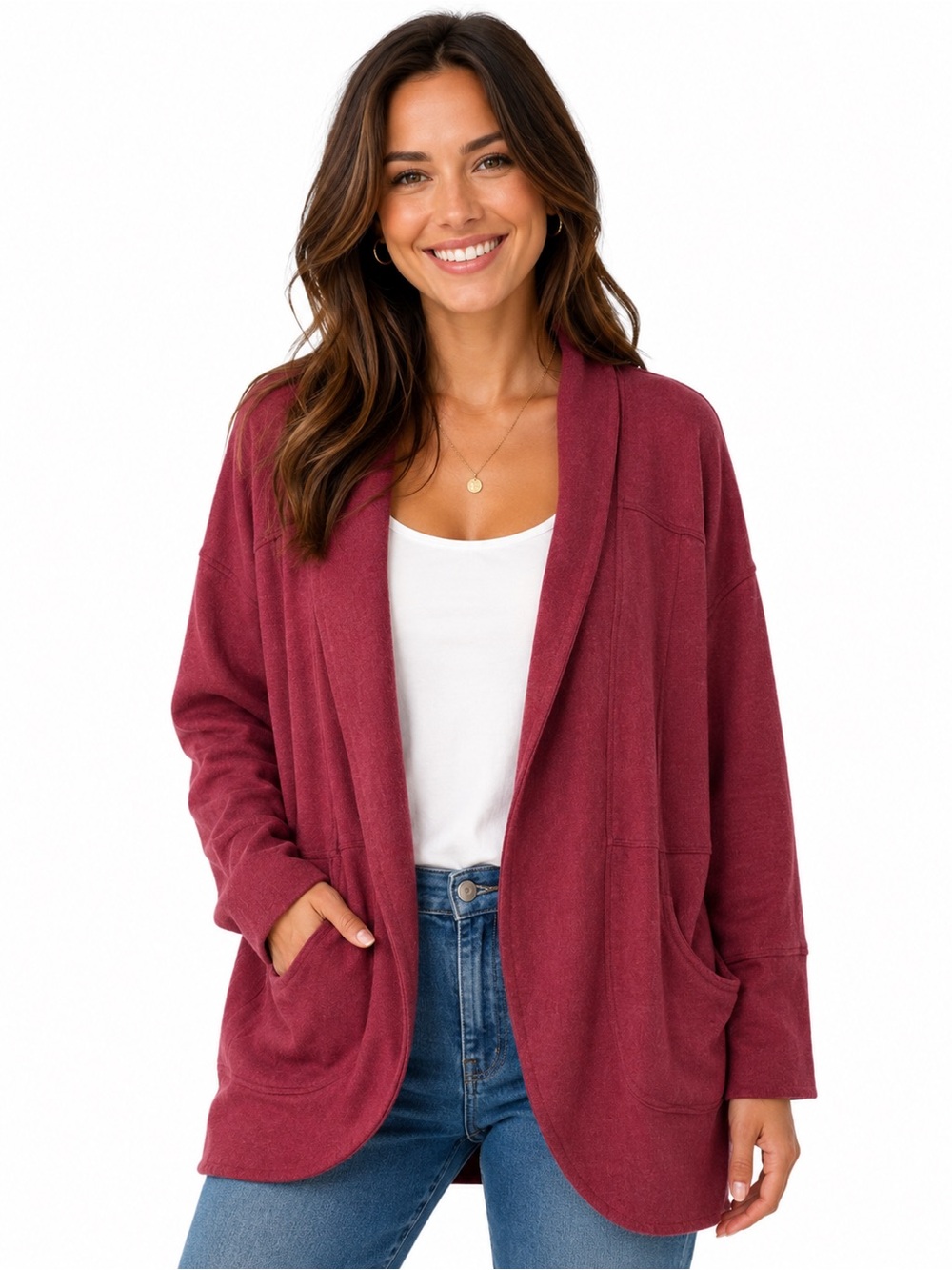 Cozy Open-Front Women's Cardigan Sweater - Berry - 0601